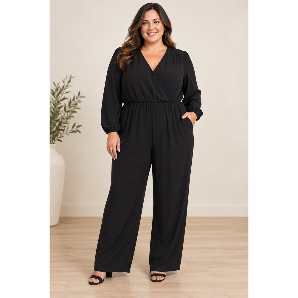 Chico's Women 20 Jumpsuit Black Crepe Wrap V-Neck Long Sleeve Wide Leg NEW